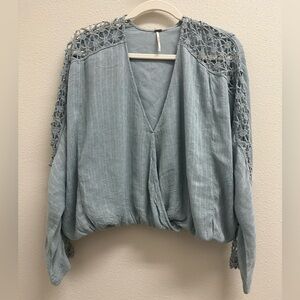 Free People Blue Long Sleeve Blouse with Fitted Waist, Small